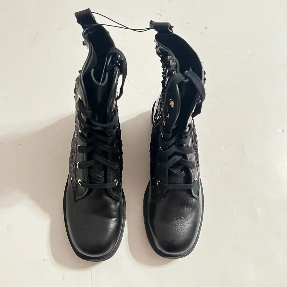 Zara Black Leather Sequined Lace Up Boots Size 6 US